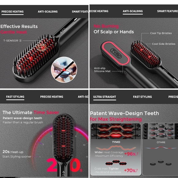 NIB! TYMO Hair Straightening Brush in Black and Red - Picture 13 of 16